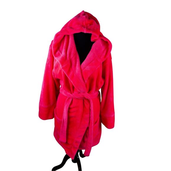 VICTORIAS SECRET PINK GOLD SEQUIN PLUSH SHORT HOODED ROBE M/L NEON PINK COZY - Picture 1 of 6
